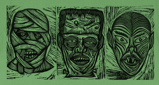 Monster Trio Woodblock Handprinted T-Shirt Frankenstein Mummy Vampire