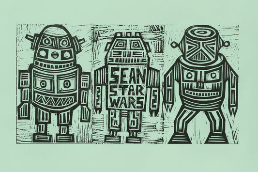 3 Shina Robots Woodblock Handprinted T-Shirt