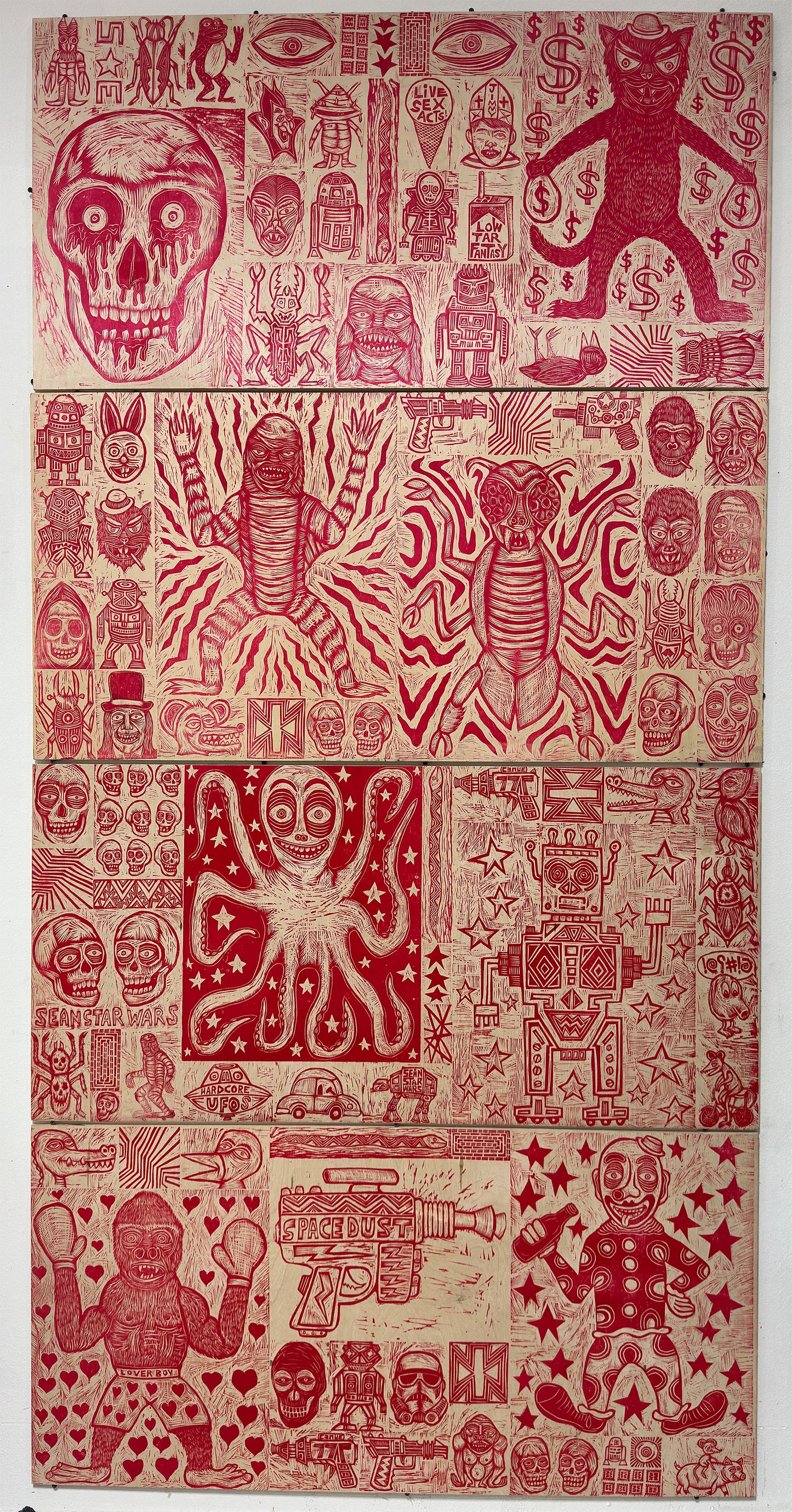 Organized Chaos Woodcuts printed on Four Wooden Panels