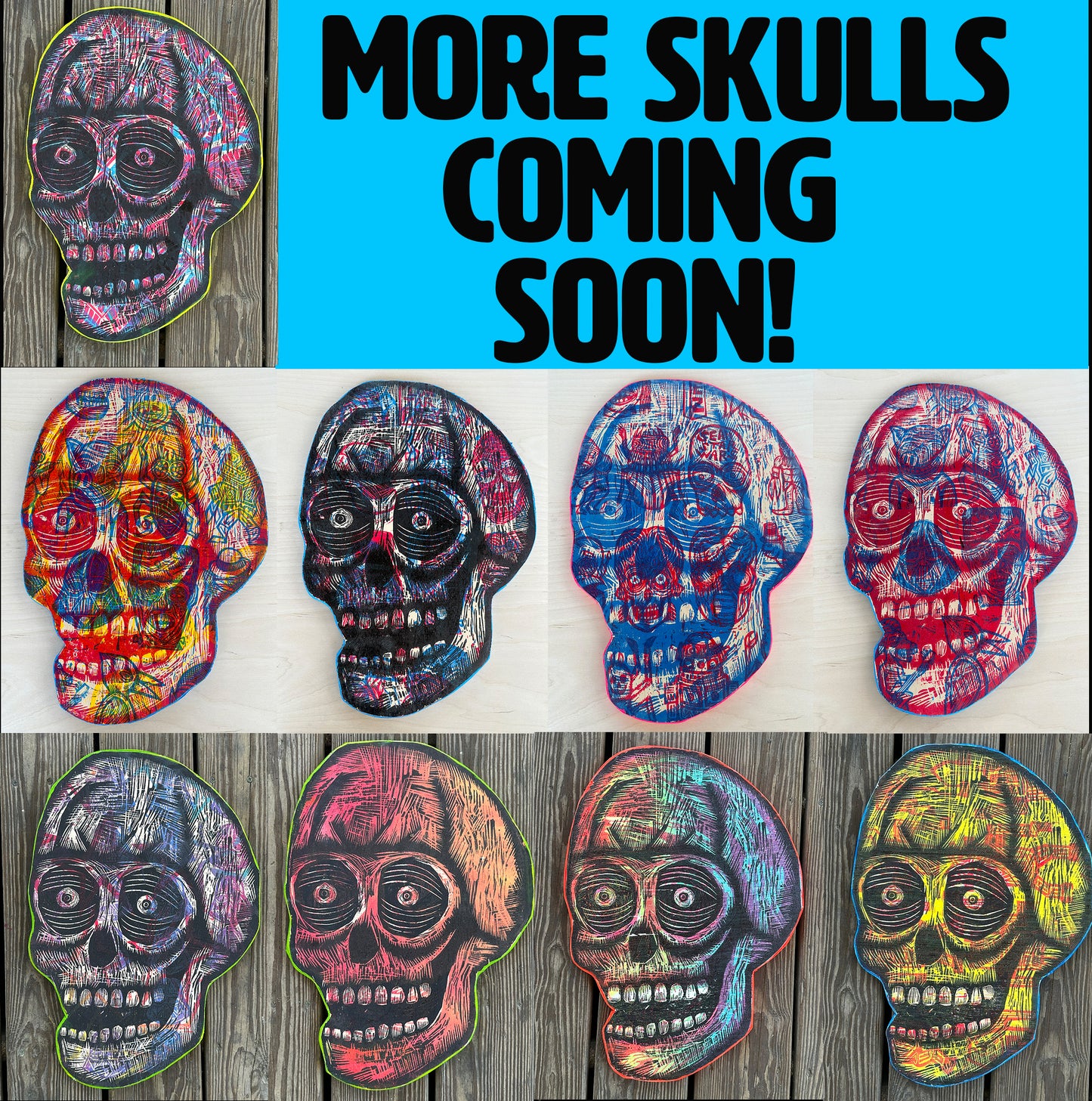 Blue and Red Skull Woodcut Printed on Wooden Panel