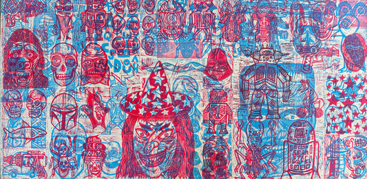 Multiple Red and Blue  Woodcuts Printed on Wooden Panel (Panel A)