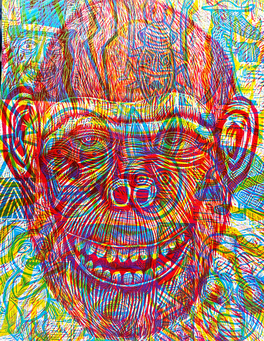 3 Layer Chimp Multi Color Editioned Handprinted Woodcut