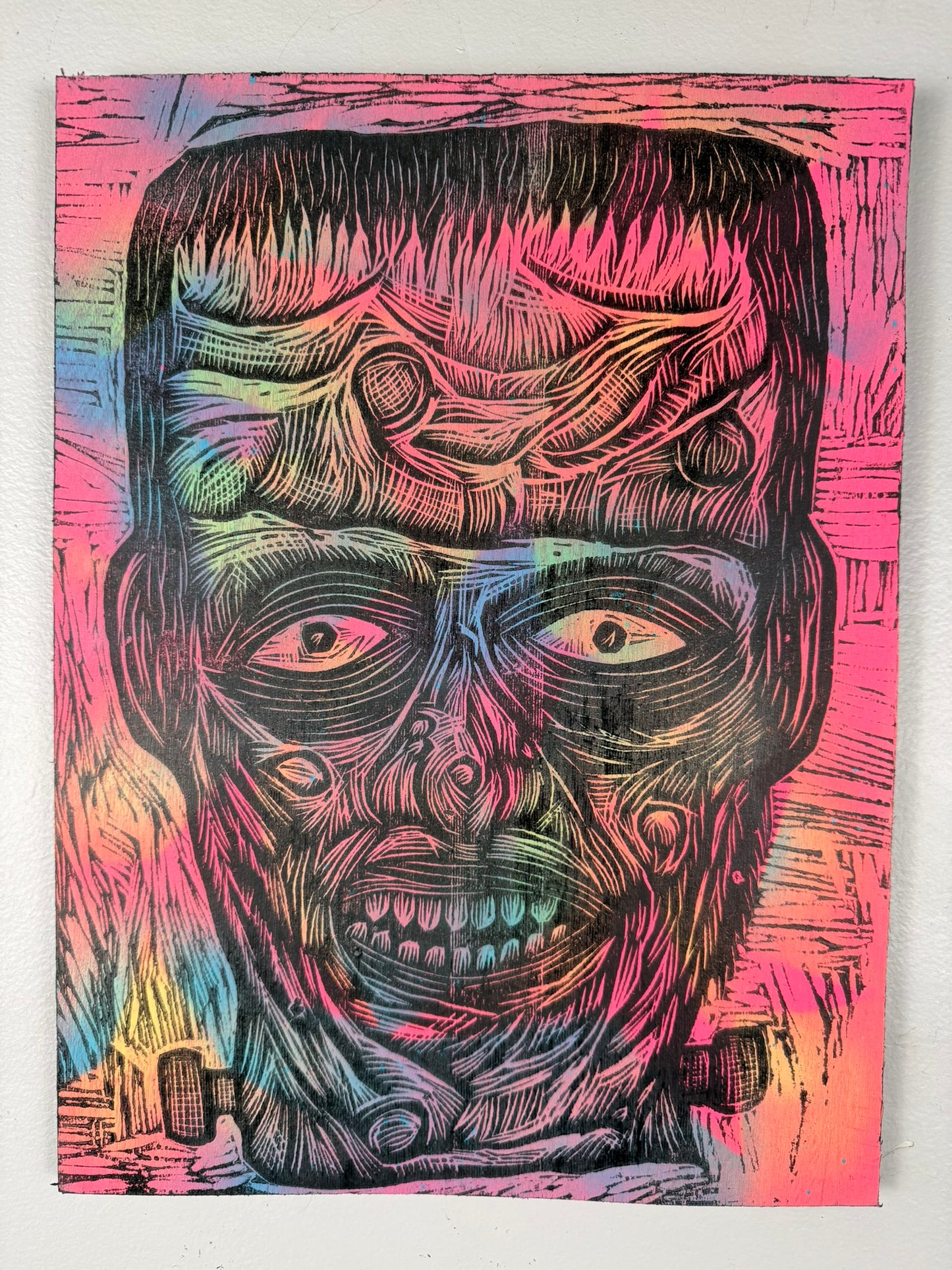 Frankenstein Woodcut Printed on Wooden Panel