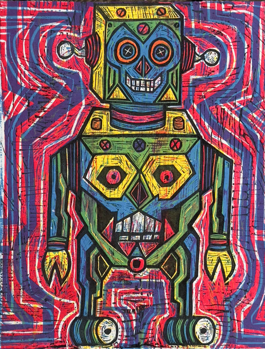 Green Yonezawa Robot (Limited Editioned Handprinted Woodcut) Multi Color