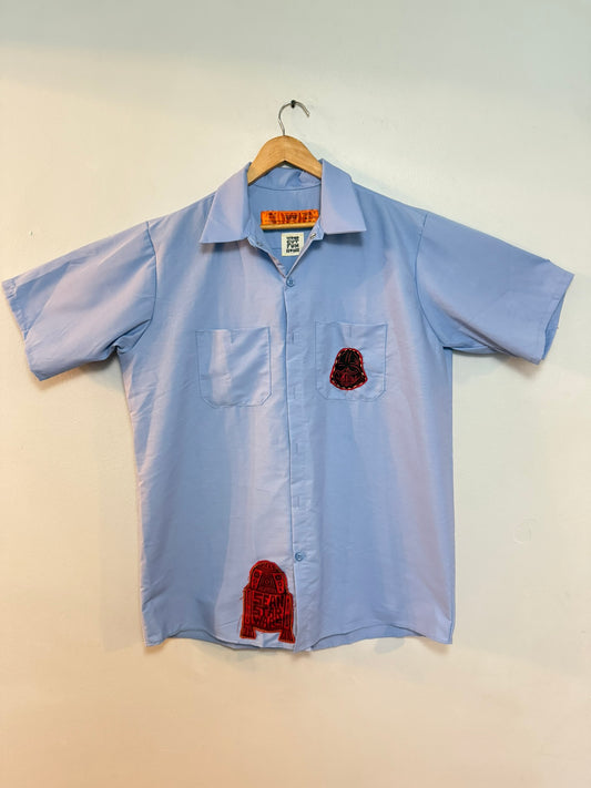 Dream Job Workshirt Handprinted Woodcut Red Devil Applique