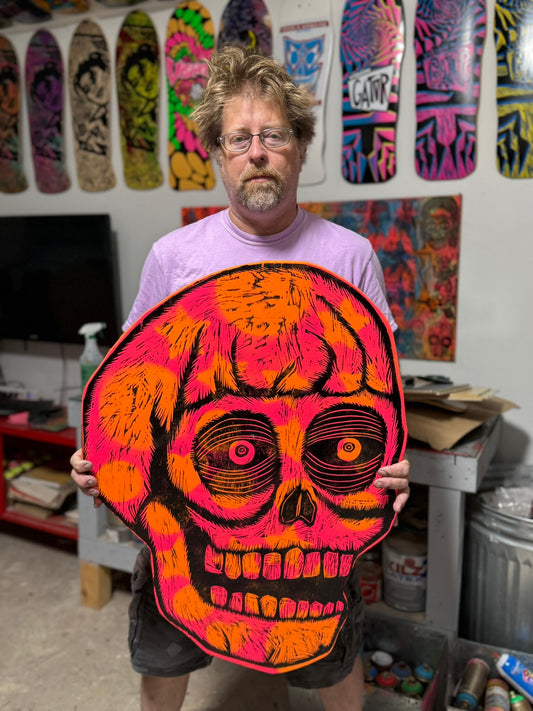 Large Skull Handprinted Woodcut Printed on Wooden Panel  23" x 33"