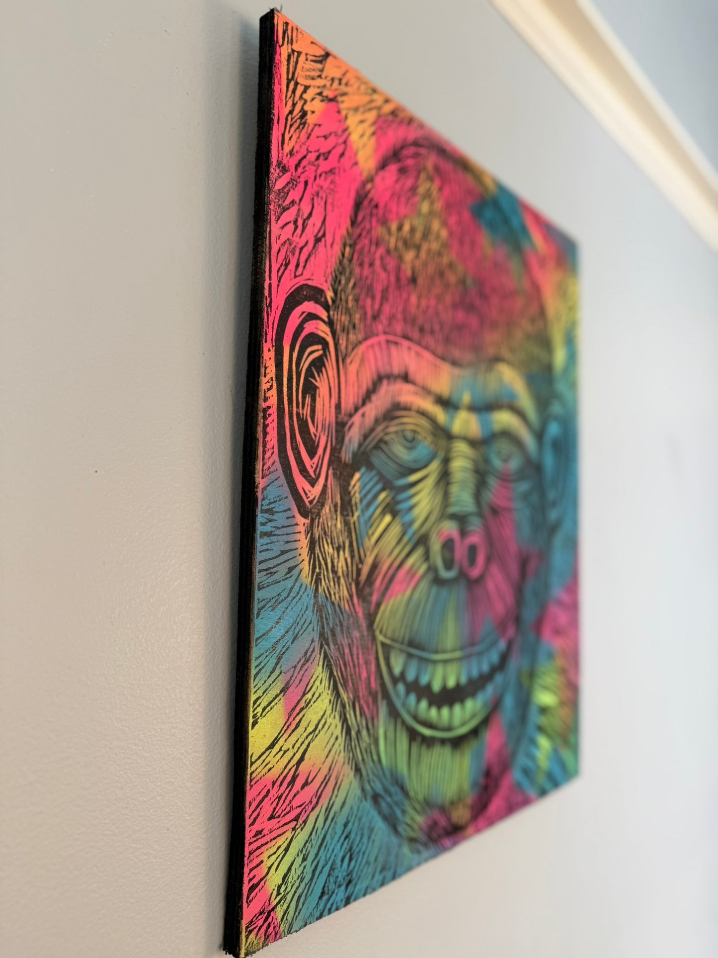 Starfield Chimp Woodcut on Wooden Panel