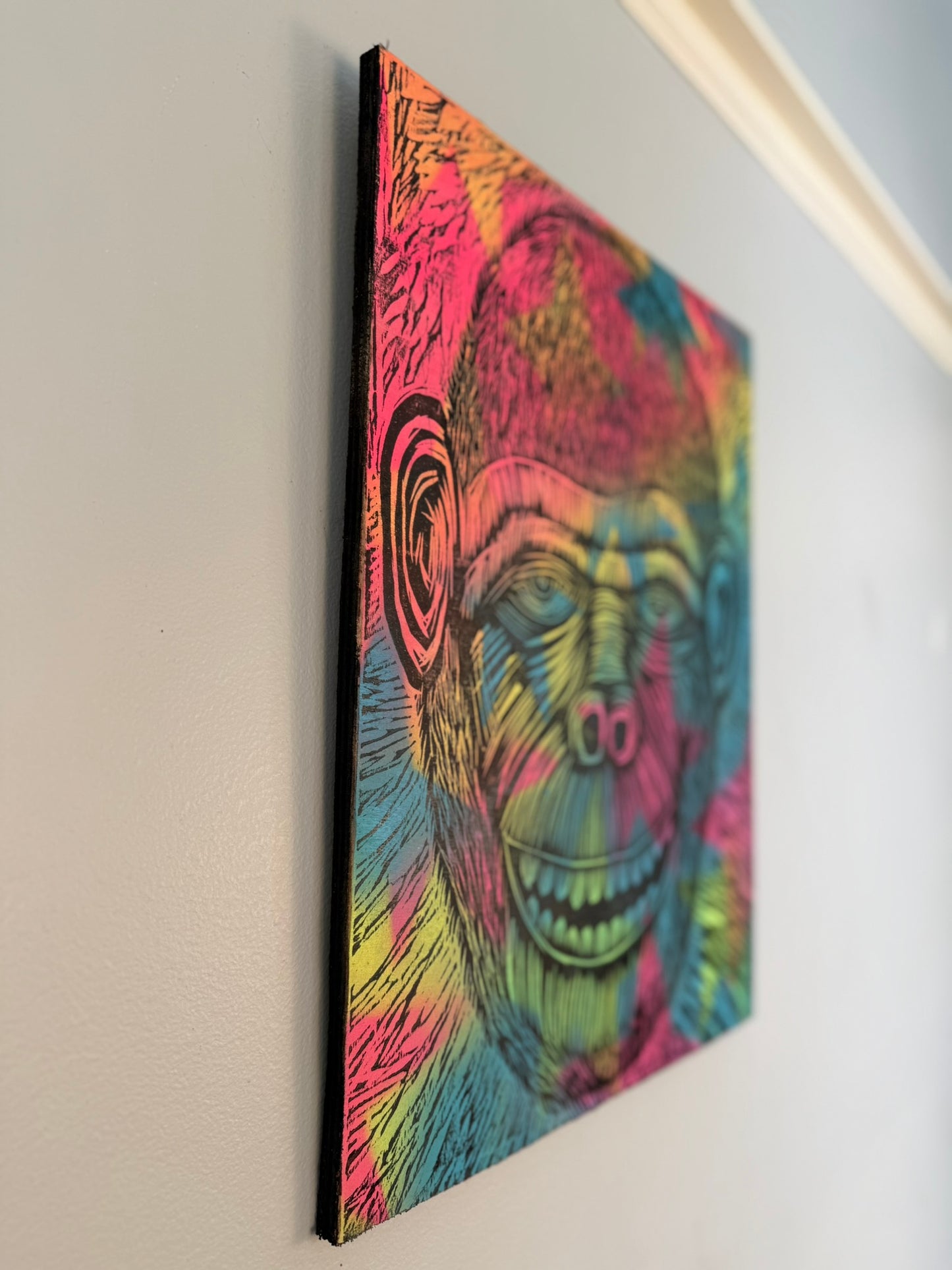 Starfield Chimp Woodcut on Wooden Panel