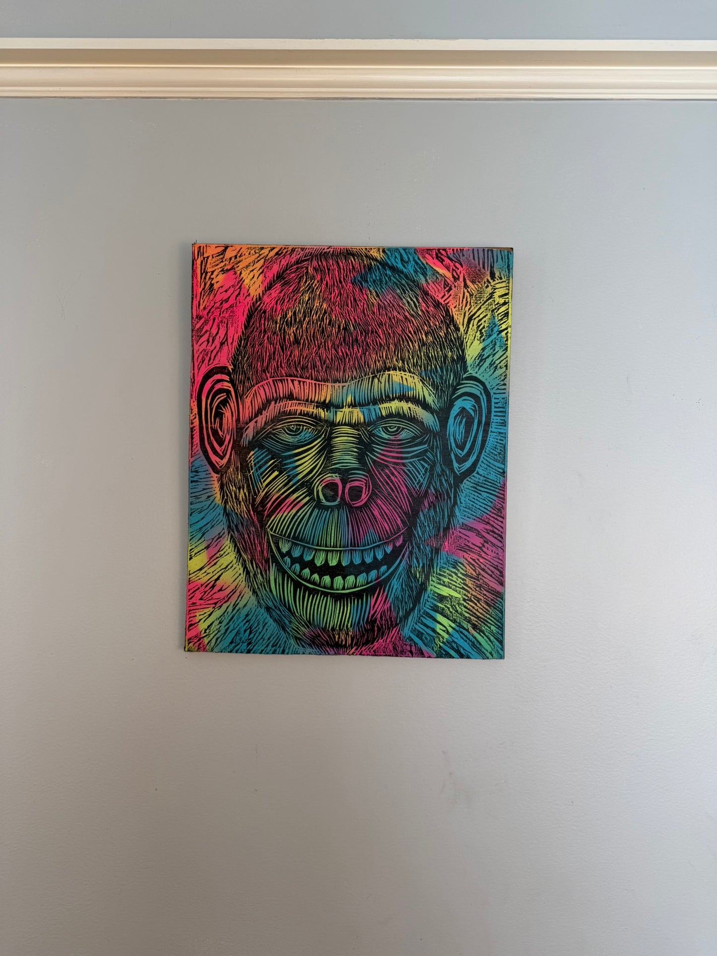 Starfield Chimp Woodcut on Wooden Panel