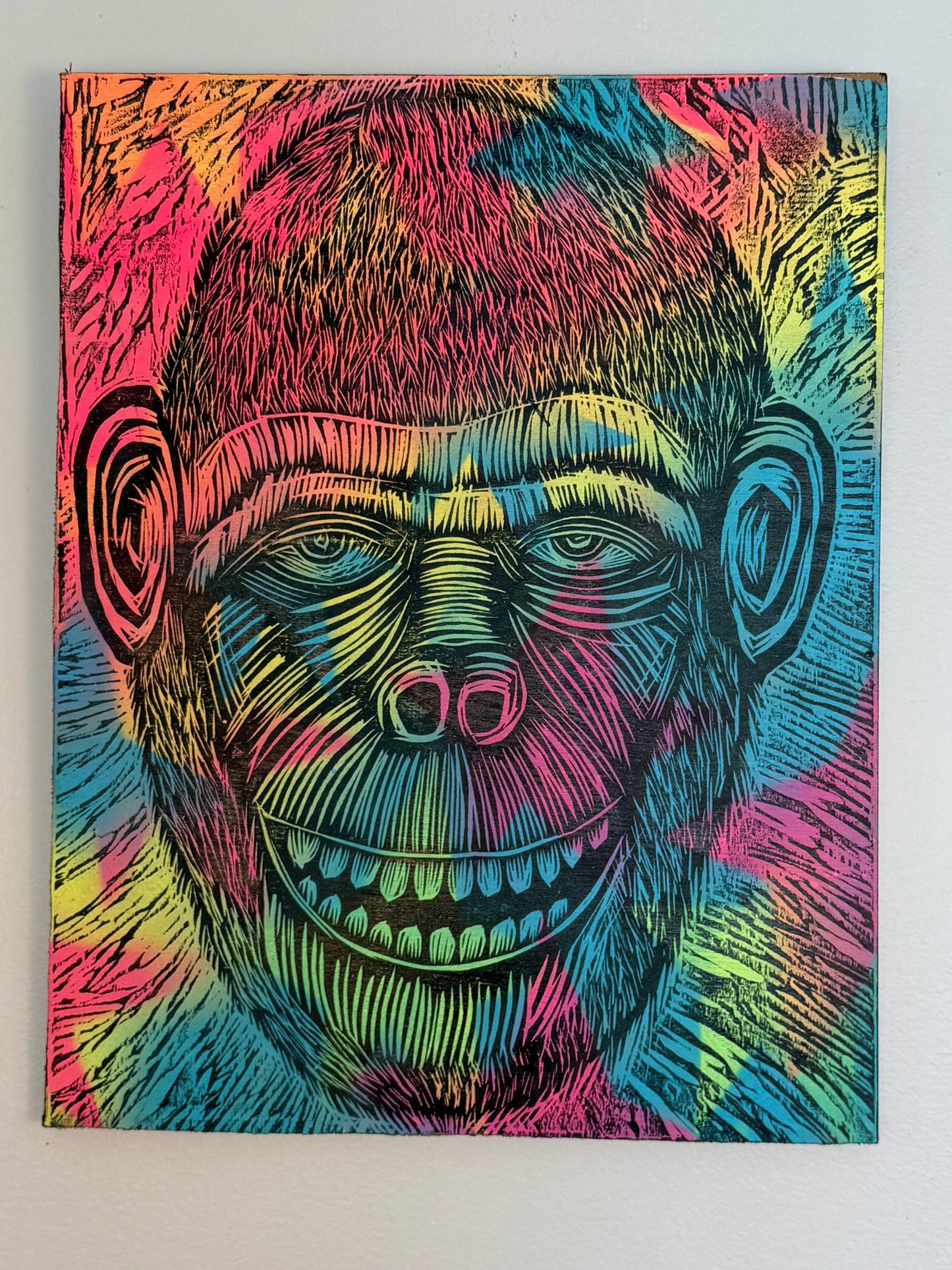 Starfield Chimp Woodcut on Wooden Panel
