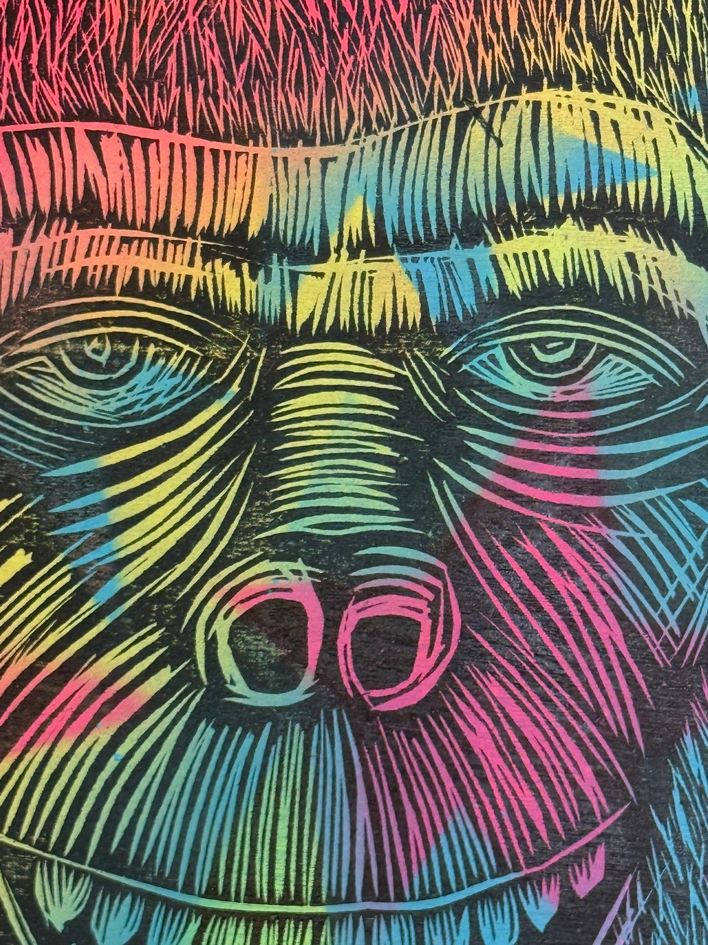 Starfield Chimp Woodcut on Wooden Panel