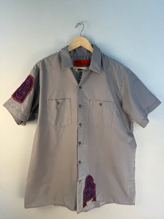 Dream Job Gray Workshirt with Handprinted Woodcut Octopus Applique