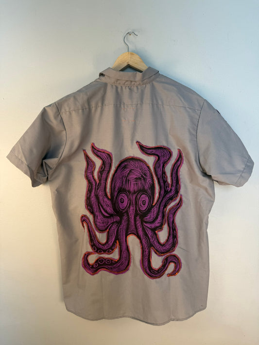 Dream Job Gray Workshirt with Handprinted Woodcut Octopus Applique