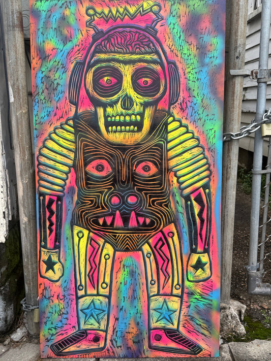 Mars Troglodyte Woodcut handprinted on 24" x 48" Spraypainted Wooden Panel