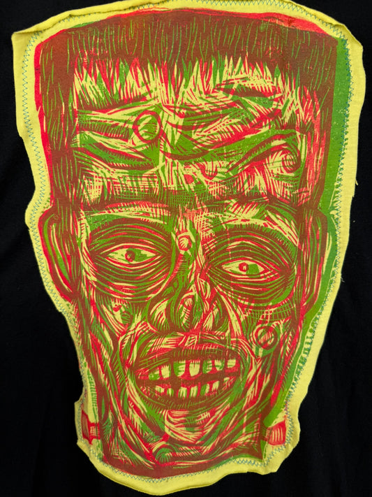 Frankenstein Handprinted Woodcut Appliqued onto T-Shirt