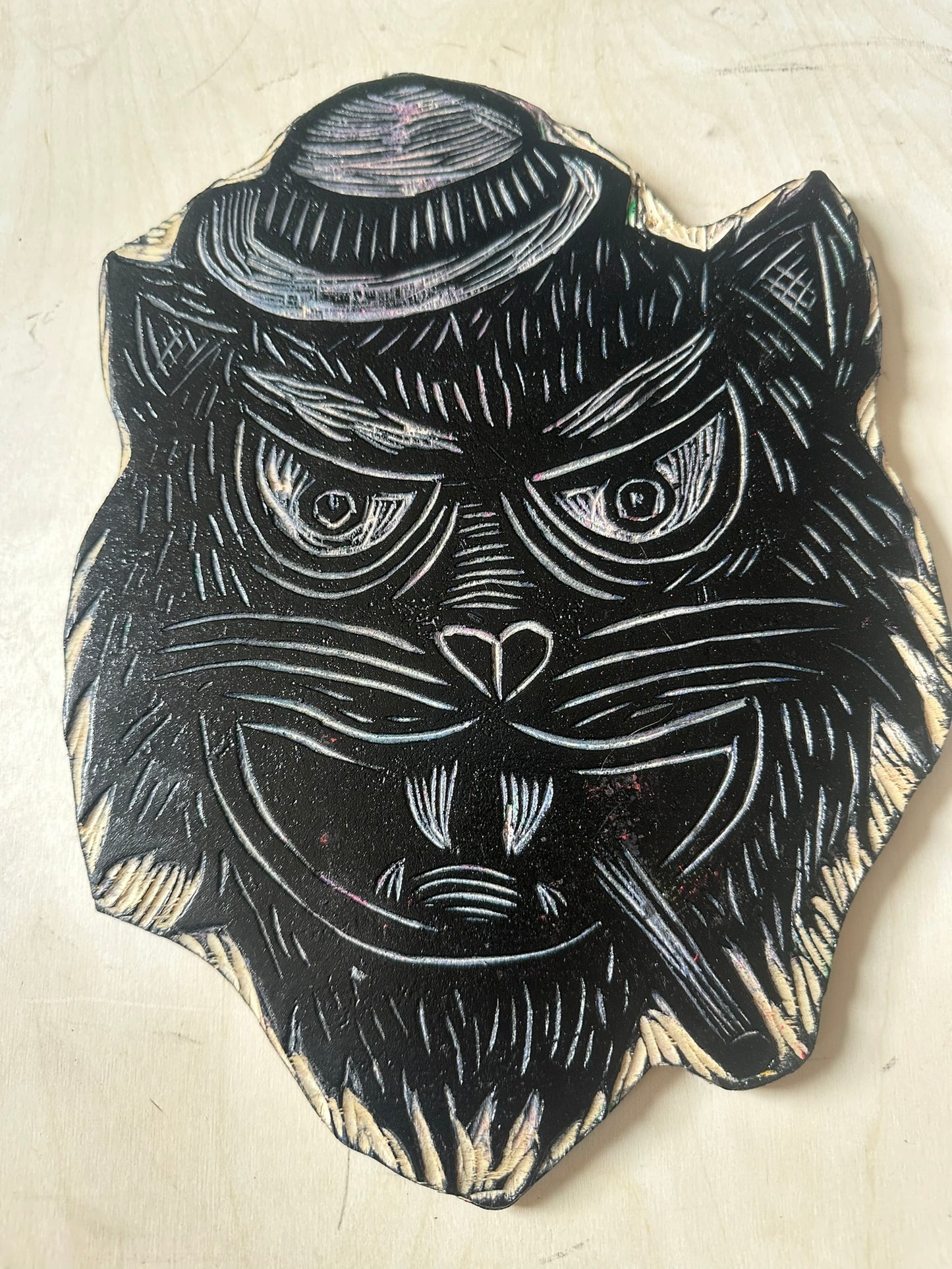 Tough Cat Woodcut Handprinted T-Shirt