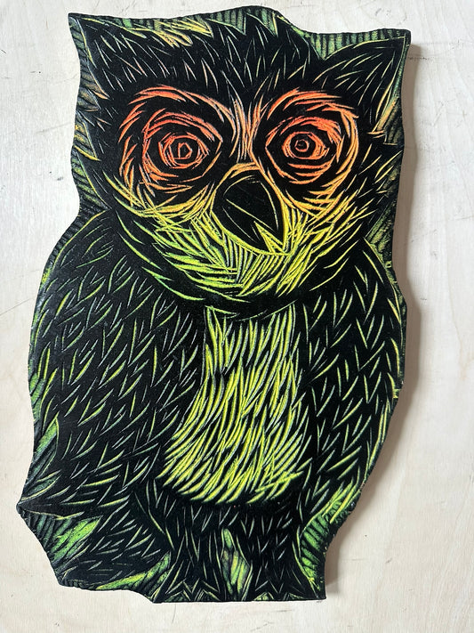 Owl Woodcut Handprinted T-Shirt