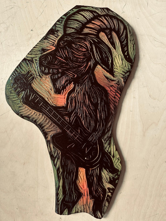 Guitar Goat Linocut Handprinted T-Shirt