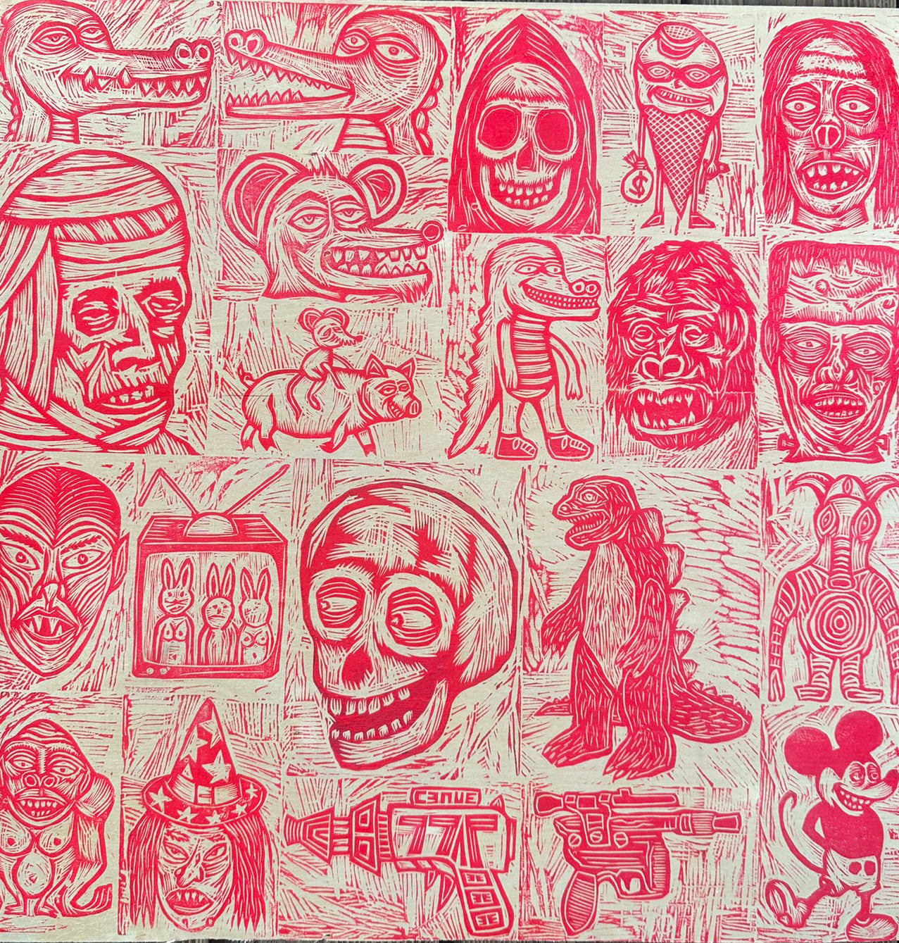 Late Nite Television Woodcuts printed on Painted Wooden Panel – Woodcut Late Nite Television Woodcuts printed on Painted Wooden Panel – Woodcut