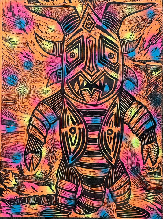 Psycho Zetton Woodcut Printed on Painted Wooden Panel
