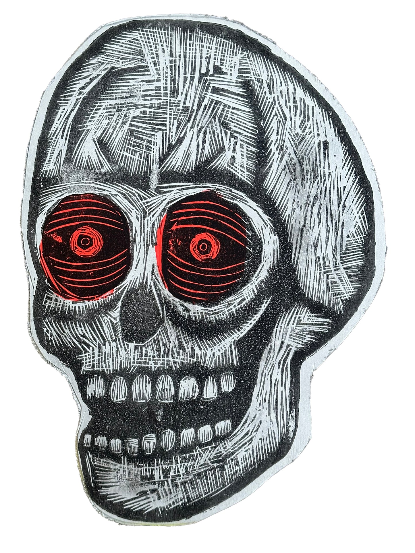 Skull Woodcut Printed on Wooden Panel 13" x 19"