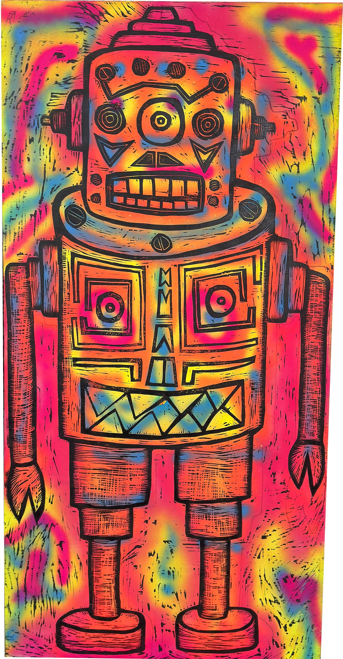 Sentinel (Orange)Woodcut Printed on Painted Wooden Panel