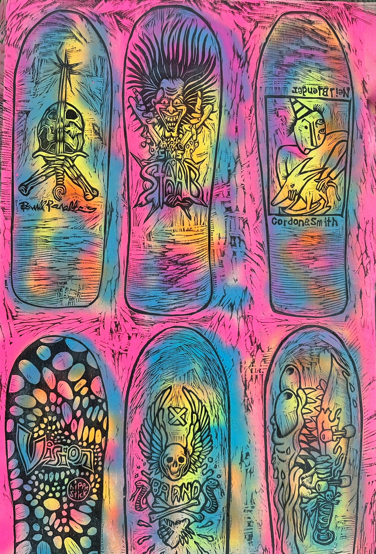 Six Decks Woodcut Printed on Painted Wooden Panel