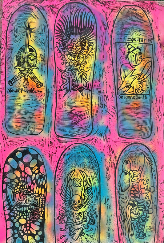 Six Decks Woodcut Printed on Painted Wooden Panel