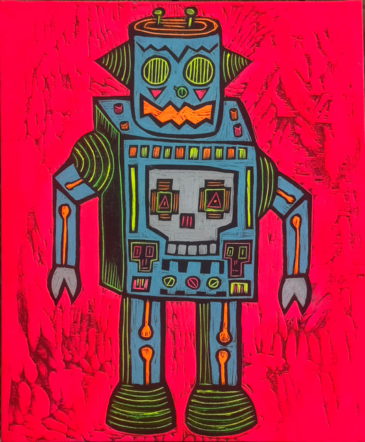 Skull Robot Painted Woodcut on Canvas