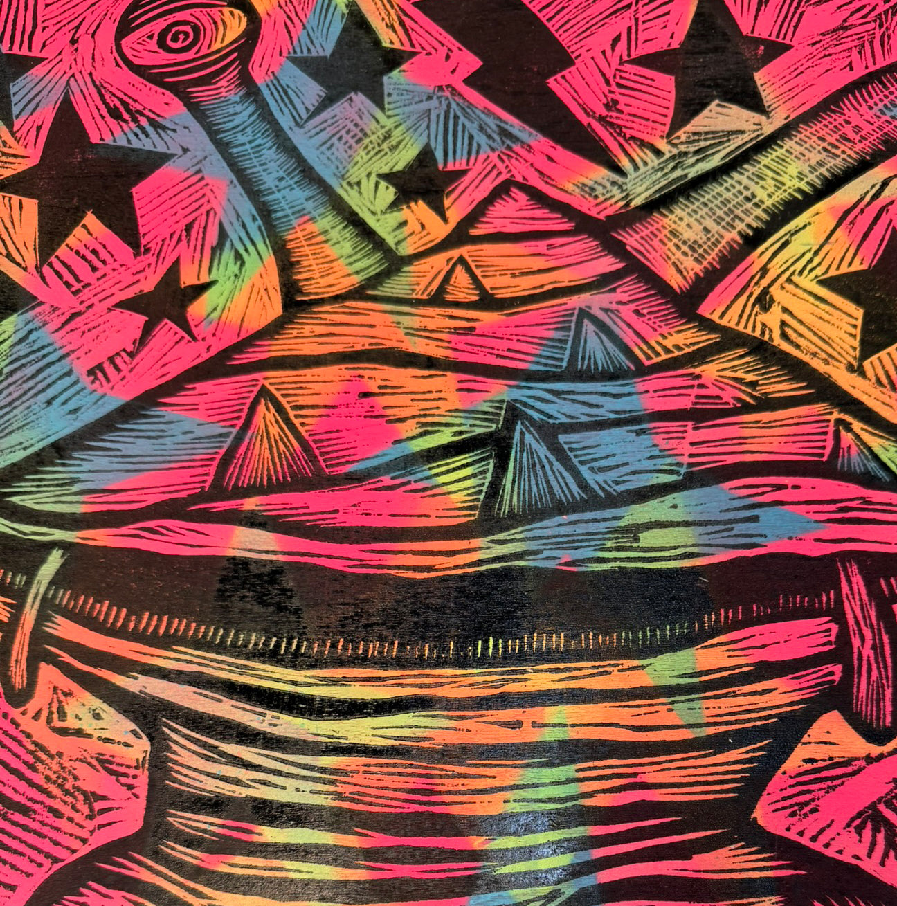 Starfield Kanegon Woodcut on Wooden Panel