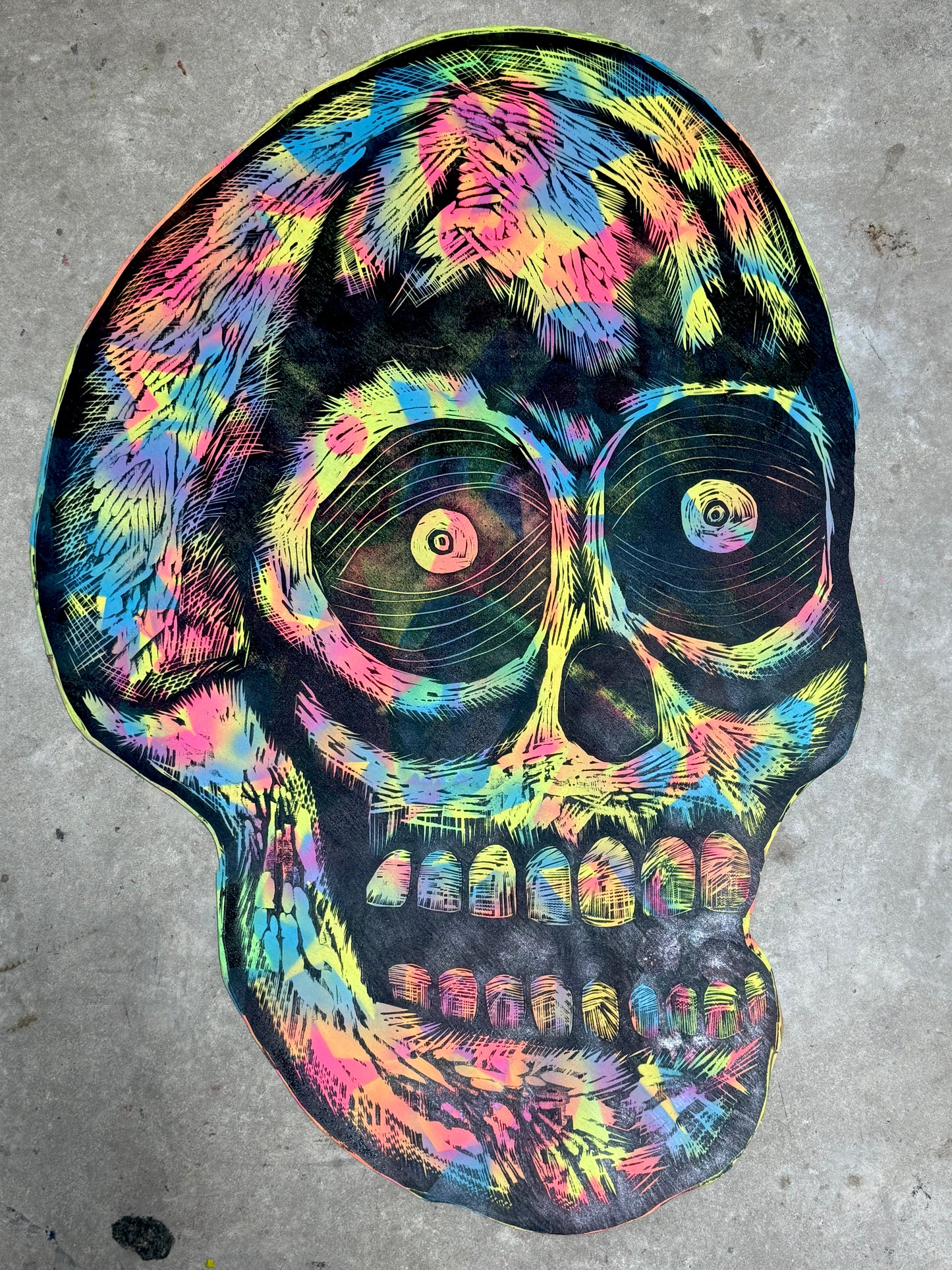 Giant  Skull Woodcut Handprinted on Wooden Panel 36" x 48"