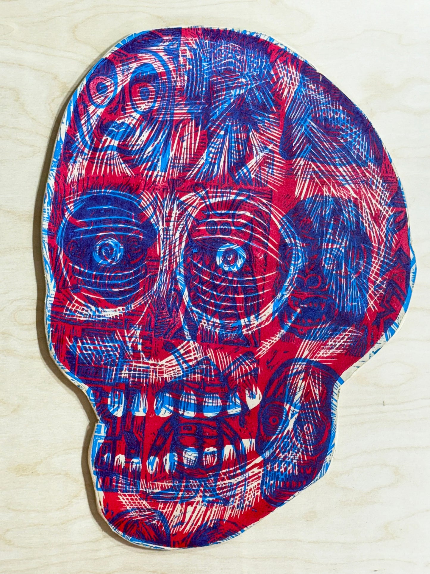 Skull Woodcut Printed on Wooden Panel 13" x 19"