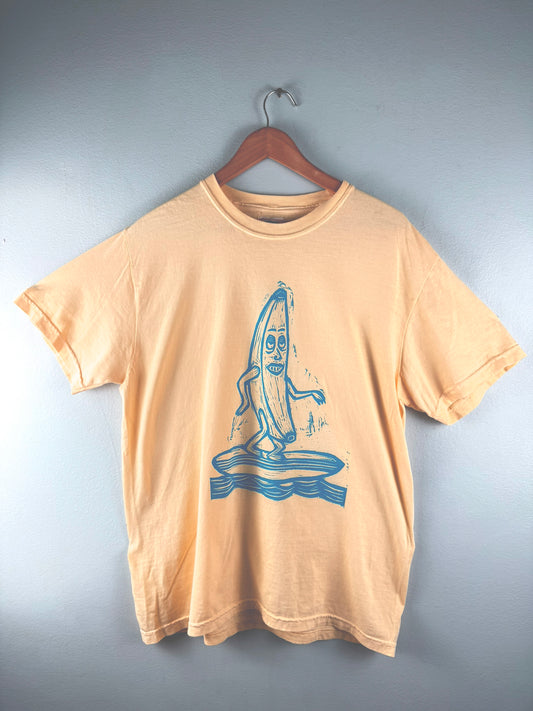 Surfing Banana Woodcut Handprinted T-Shirt
