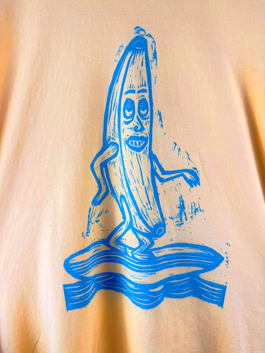 Surfing Banana Woodcut Handprinted T-Shirt