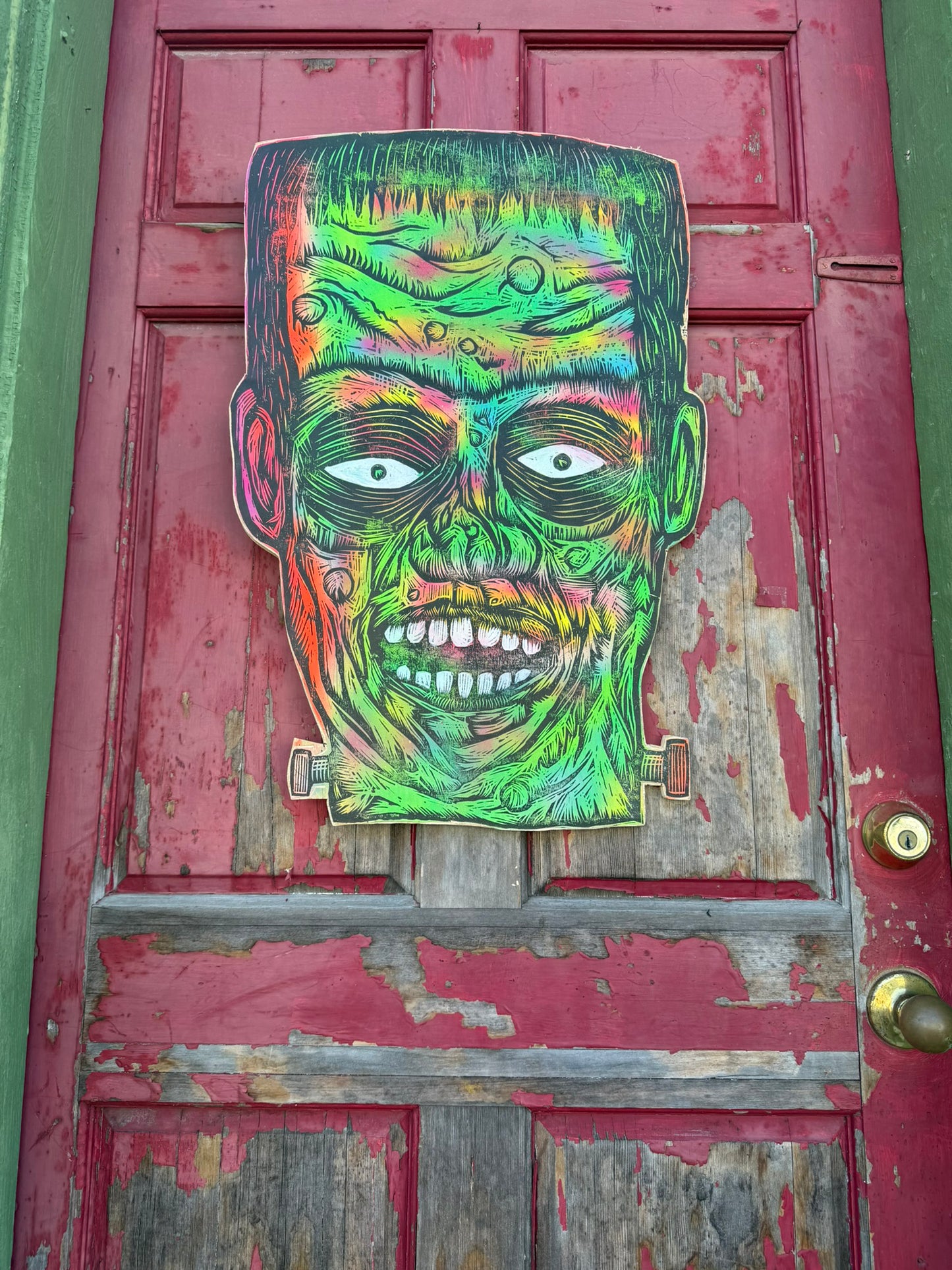 Big Frankenstein Woodcut Printed on Wooden Panel 20"x 30"