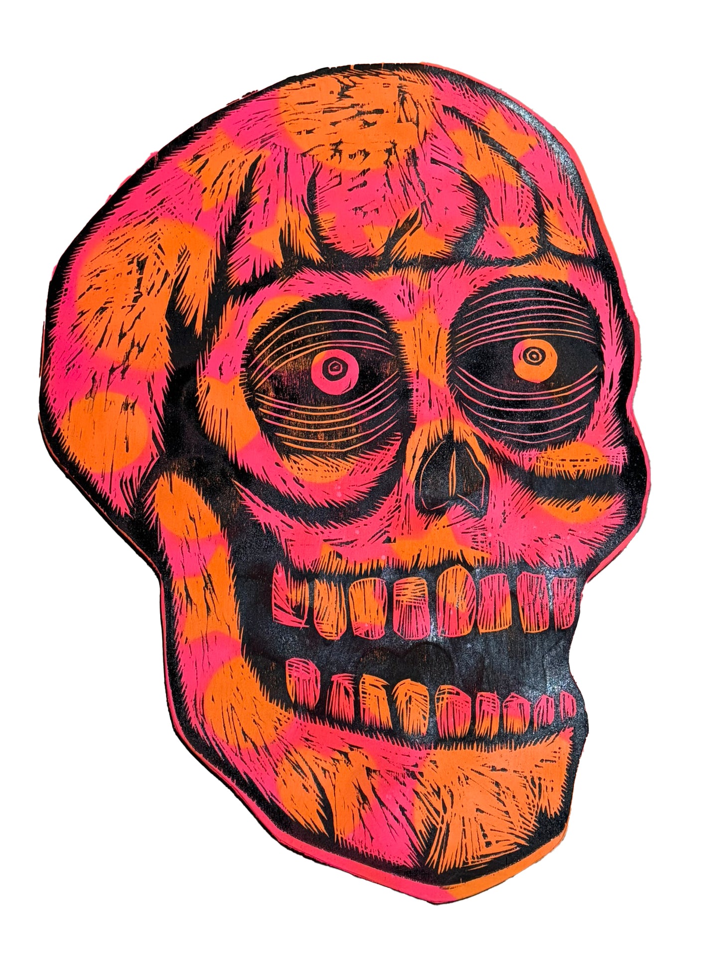 Large Skull Handprinted Woodcut Printed on Wooden Panel  23" x 33"