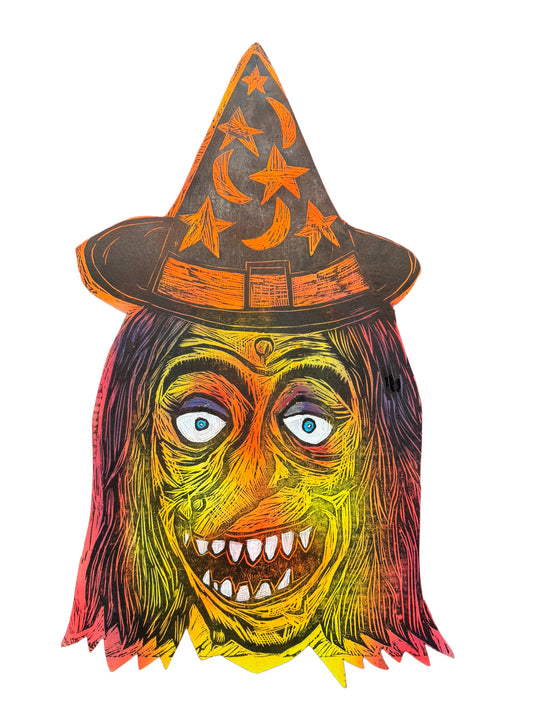 Big Witch Woodcut handprinted on Wooden Panel 20"x 30"