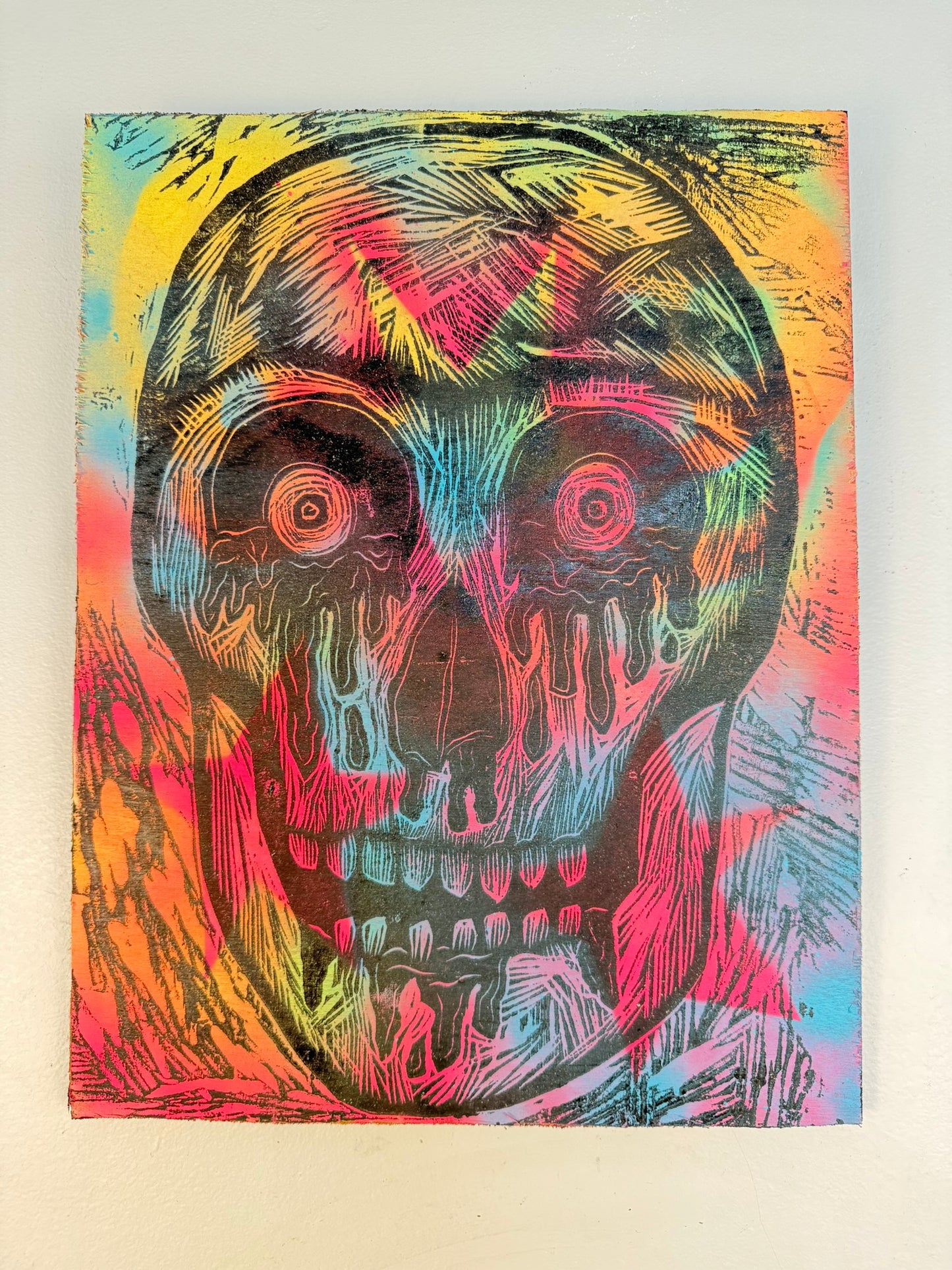 Bloody Eyes Skull Woodcut handprinted on a Wooden Panel