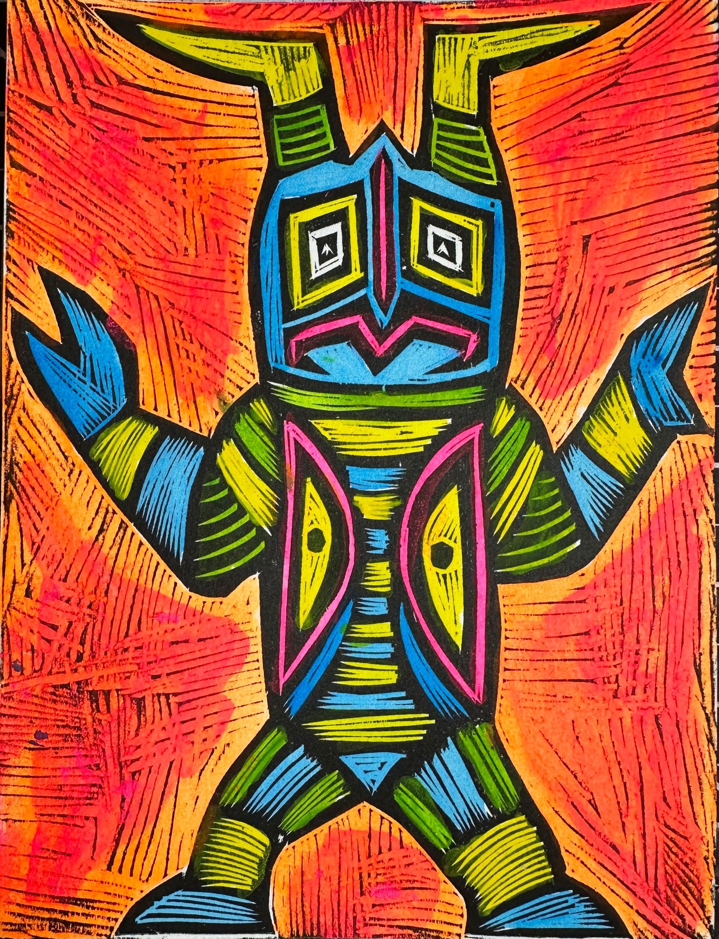 Blue Zetton - Hand Painted and Handpulled Multicolor Woodcut Print