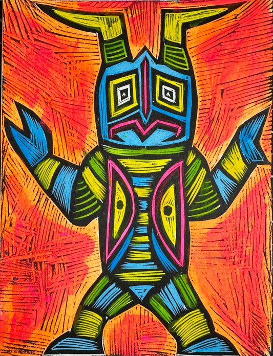 Blue Zetton - Hand Painted and Handpulled Multicolor Woodcut Print