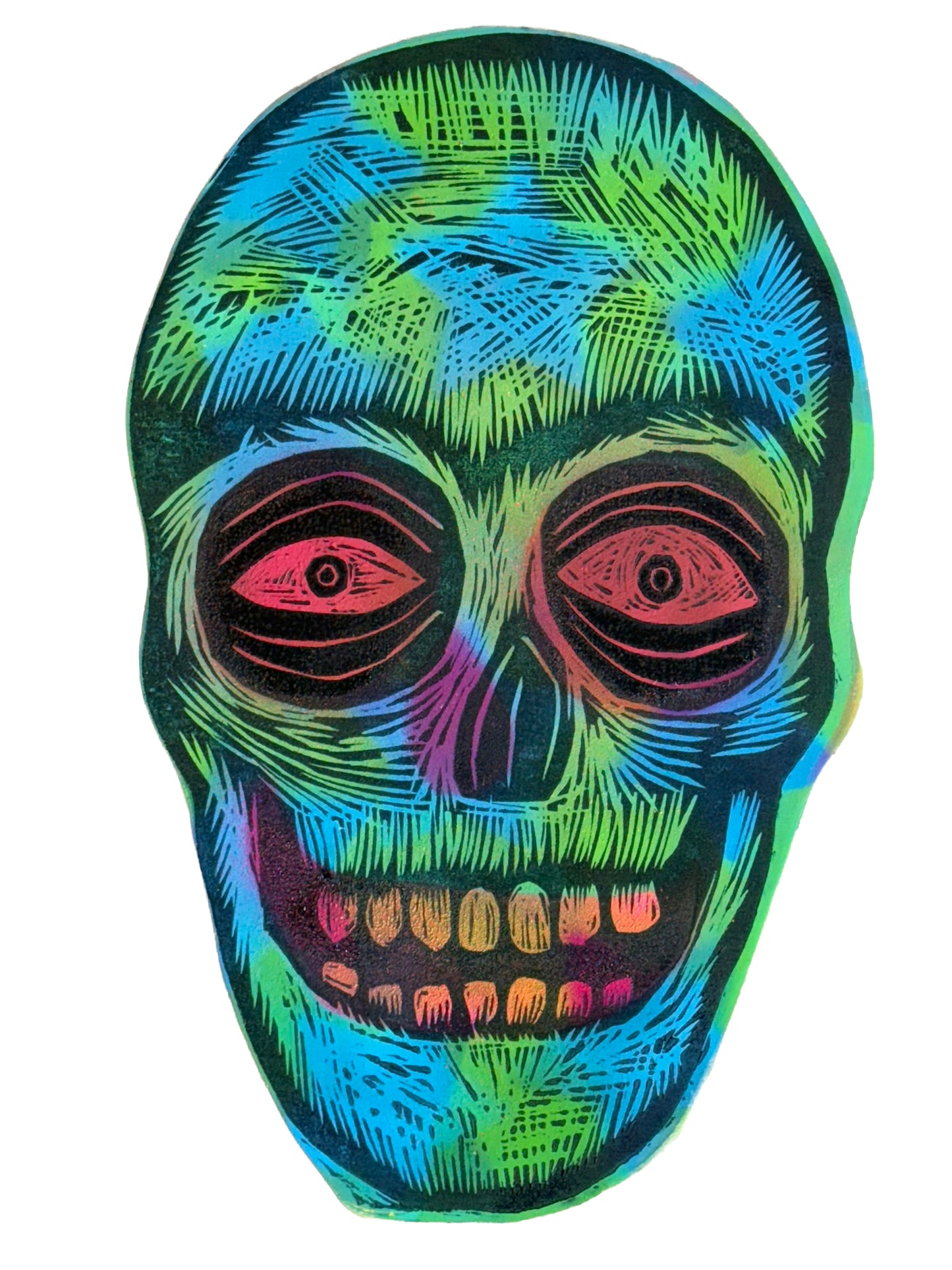 Skull Woodcut Handprinted on Wooden Panel 11 x 17