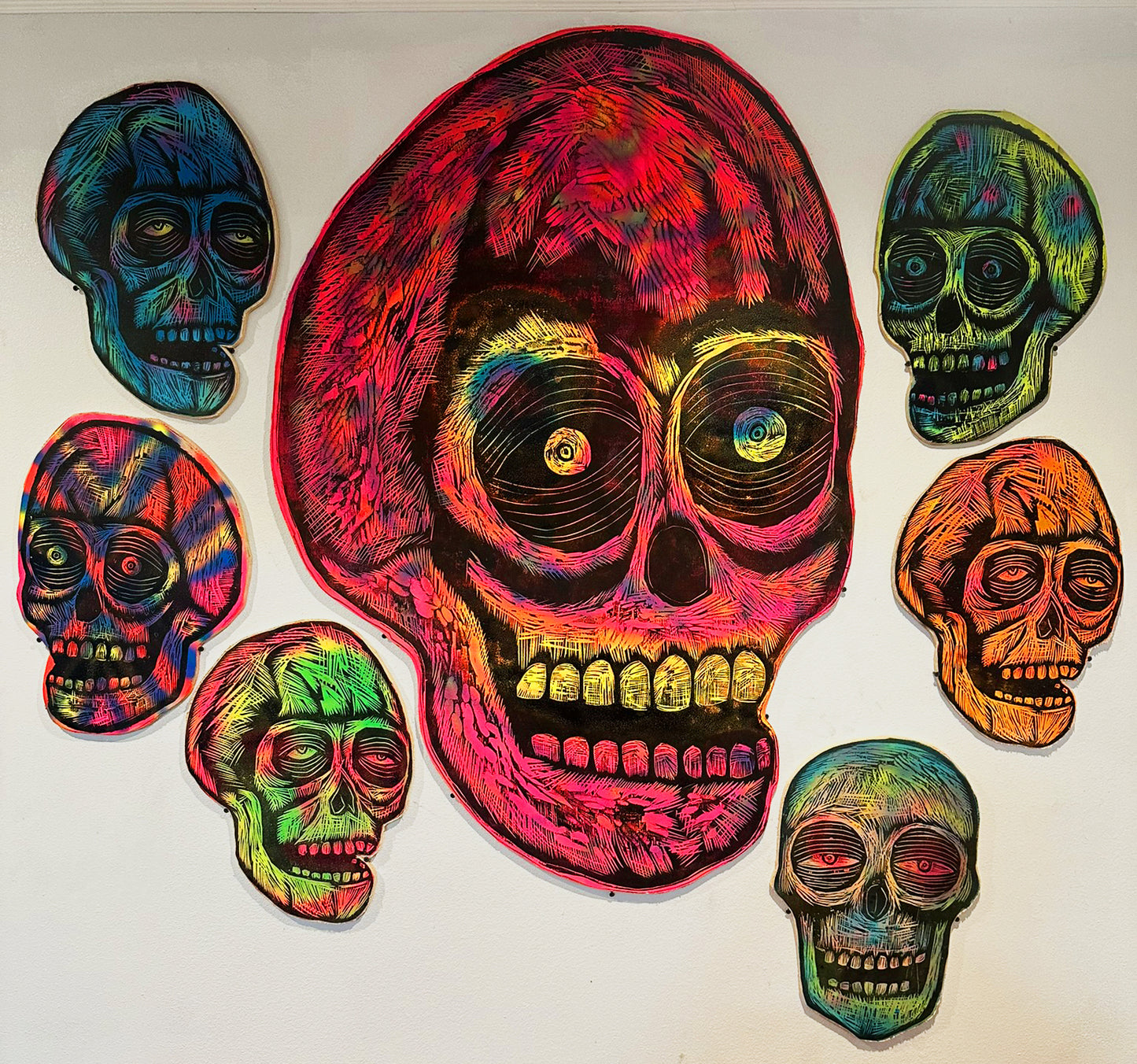 Blue Skull (Right Facing) Woodcut printed on Wooden Panel