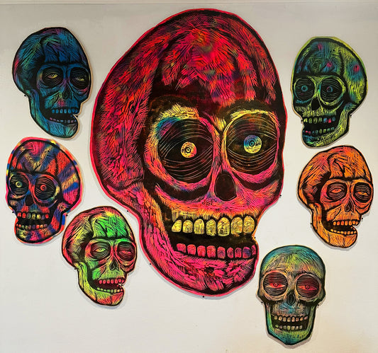 Green Skull (Right Facing) Woodcut printed on Wooden Panel