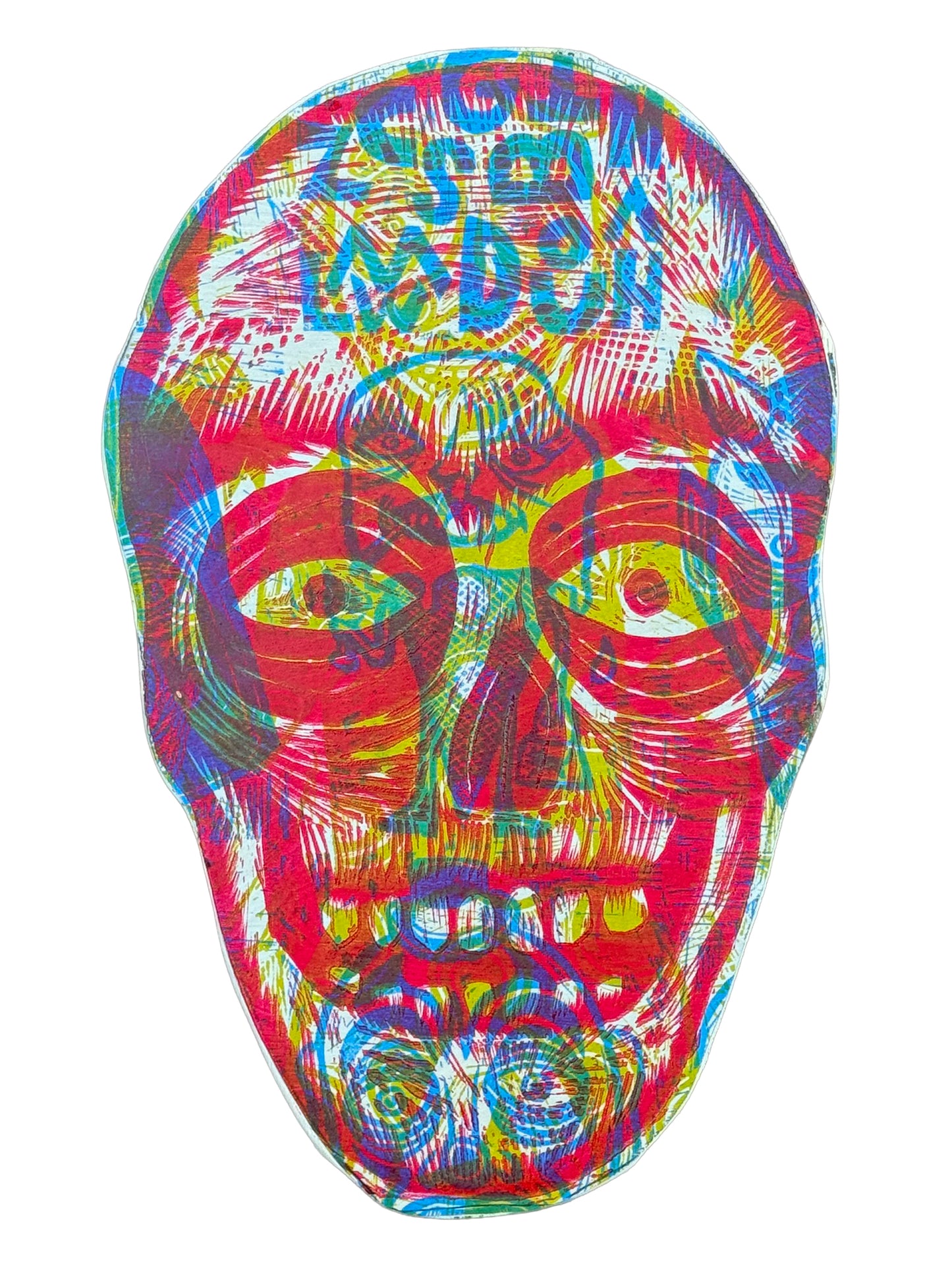 Skull Woodcut Handprinted on Wooden Panel 11 x 17