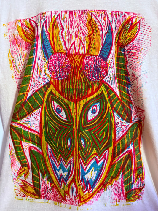 Tribal Beetle Color Woodcut Handprinted T-Shirt