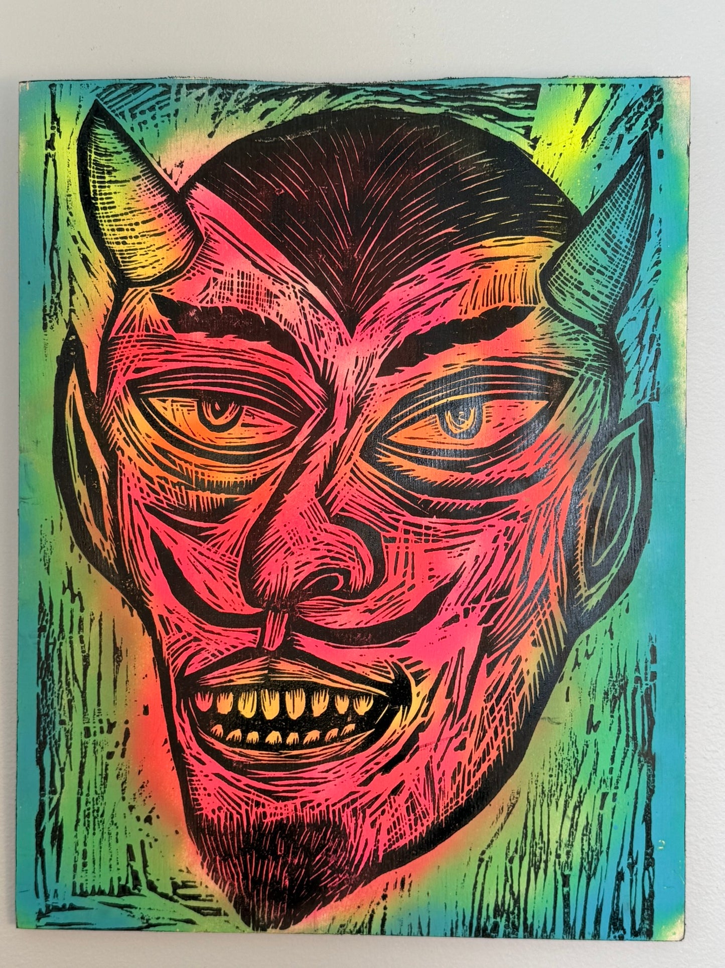 Devil Head Woodcut Printed on Painted Wooden Panel