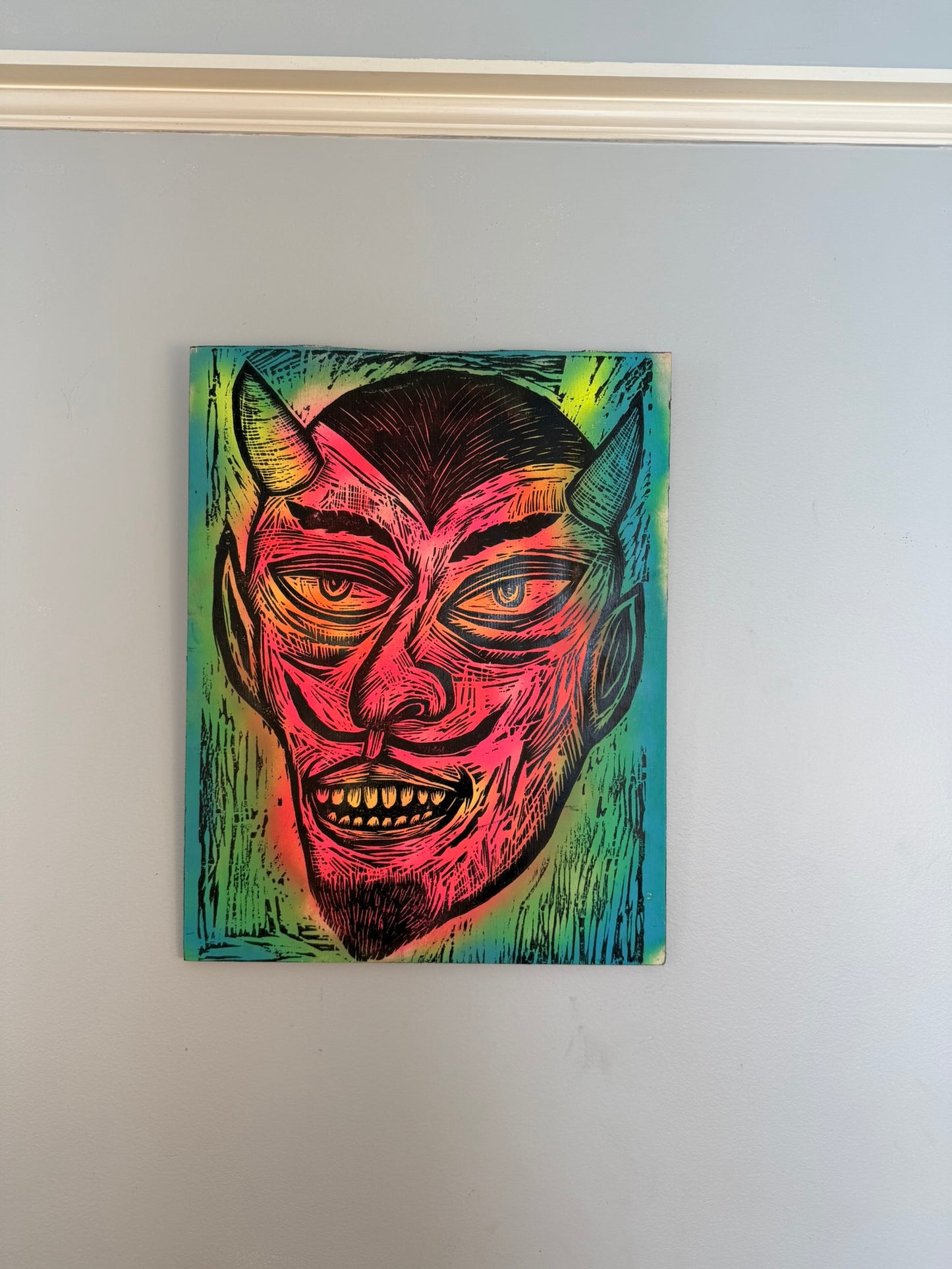 Devil Head Woodcut Printed on Painted Wooden Panel