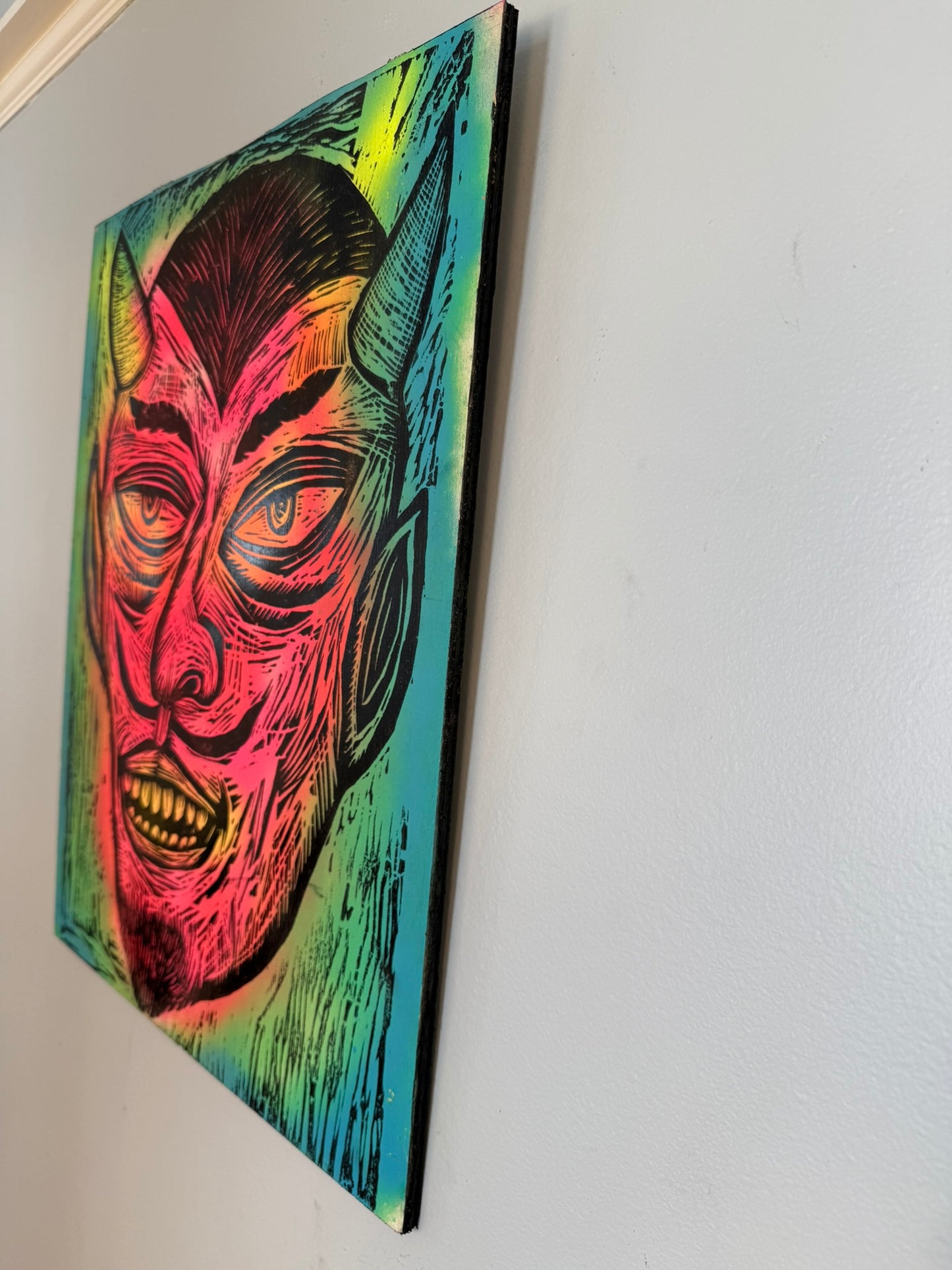 Devil Head Woodcut Printed on Painted Wooden Panel