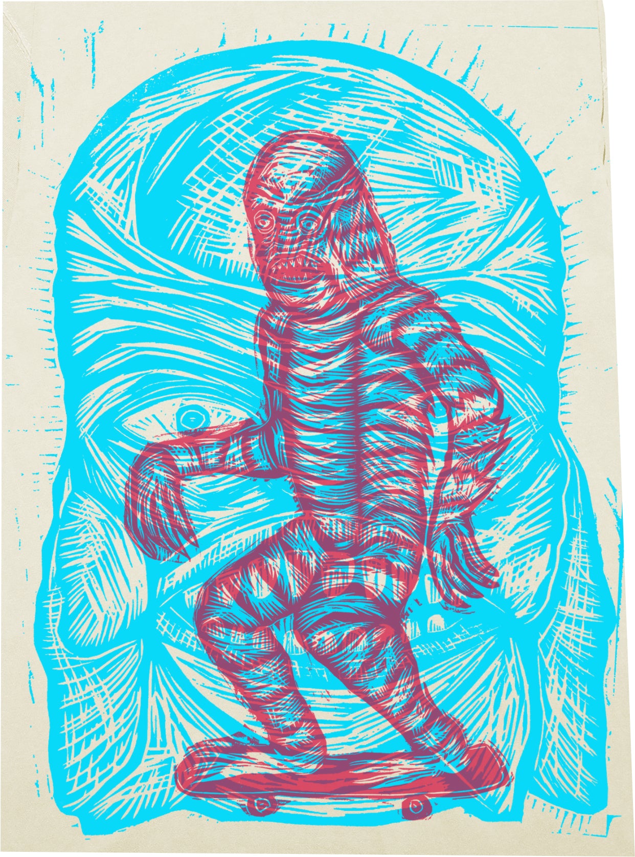 Double Creature Woodcut Handprinted T-Shirt
