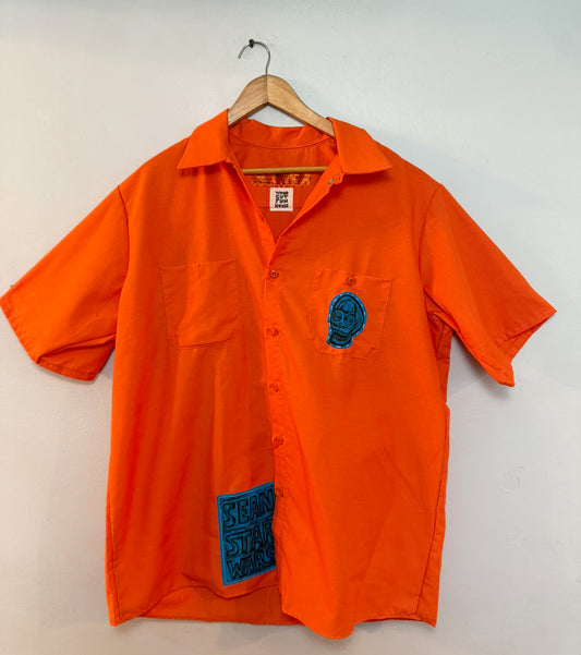 Dream Job Handprinted Workshirt Orange with Blue Shark Applique